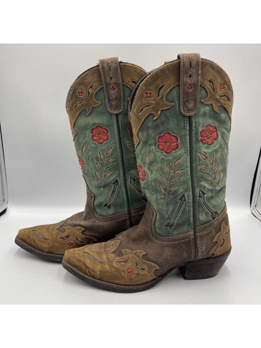 Laredo Miss Kate Floral Tooled Inlay Snip Toe Cowboy Brown Boots Size 6 1/2